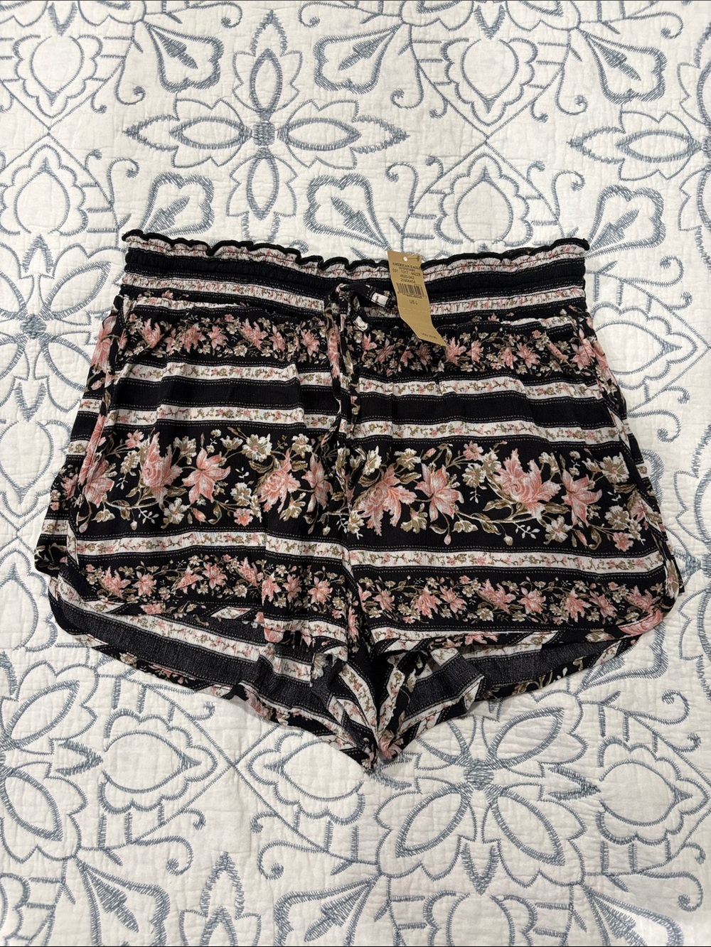 American Eagle Outfitters Black and Pink Floral Smocked Waist Shorts